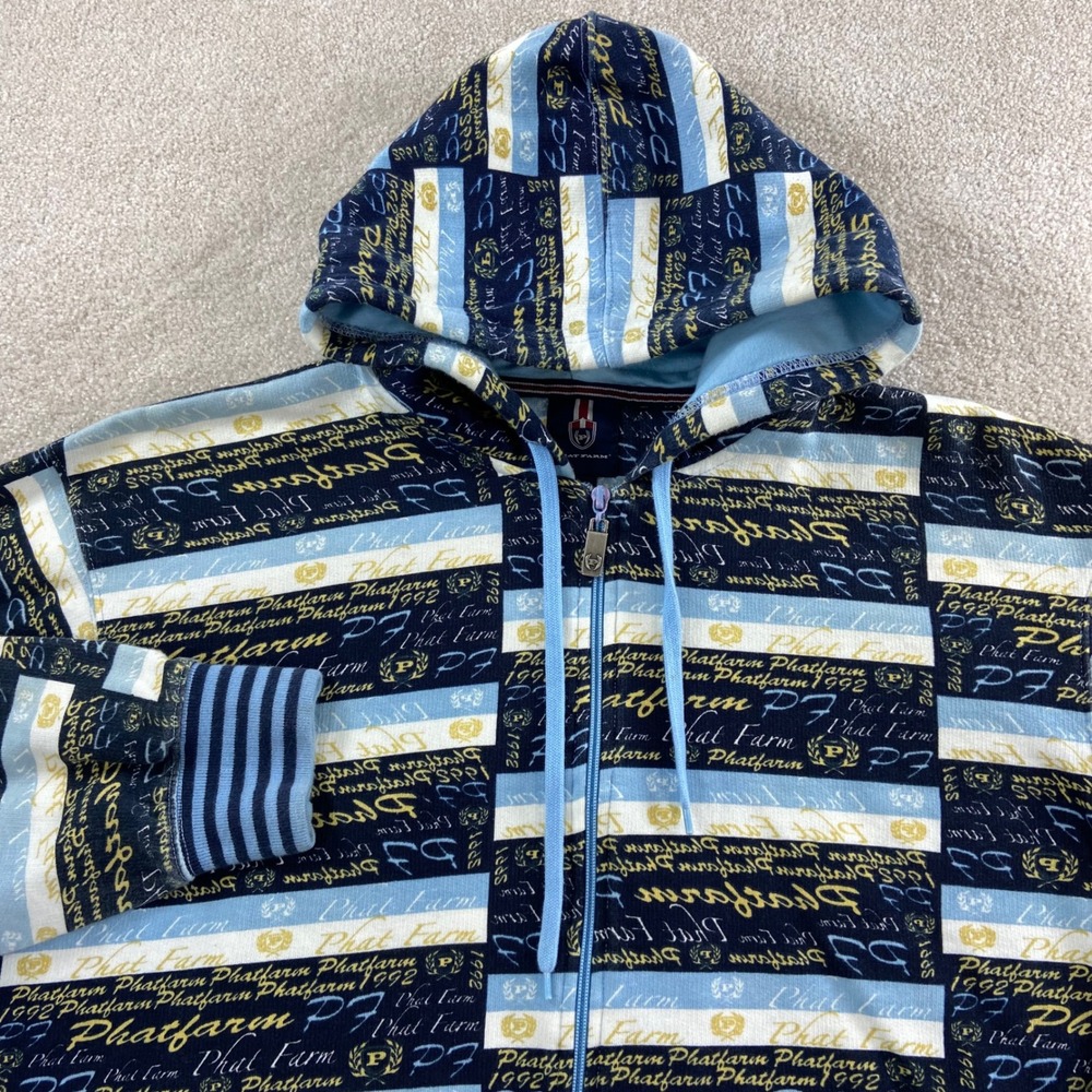 Y2K Phat Farm Hoodie Mens XL Blue All Over Print Logo Full Zip Streetwear